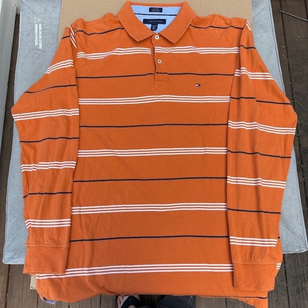 Tommy Hilfiger Mens XXL Custom Fit Long Sleeve Polo Shirt Orange Striped Cotton